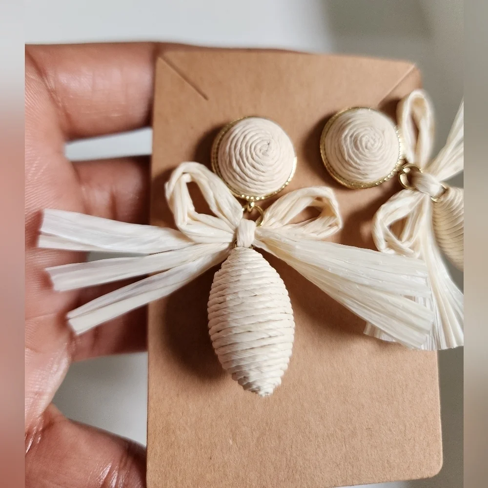 Cream Woven Paper Bow Drop Earrings Resort Statement OS